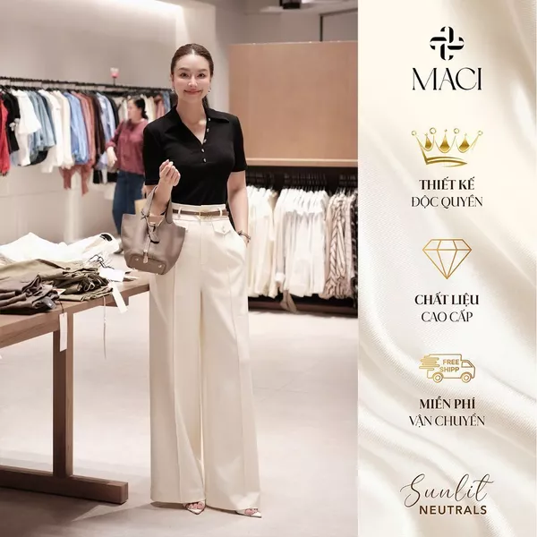 Quần Suông Cạp Cao Li Nổi Nắp Túi Trang Trí Màu Đen - Kem Thanh Lịch Chất Chéo Ý MACI MCQQTTR0354