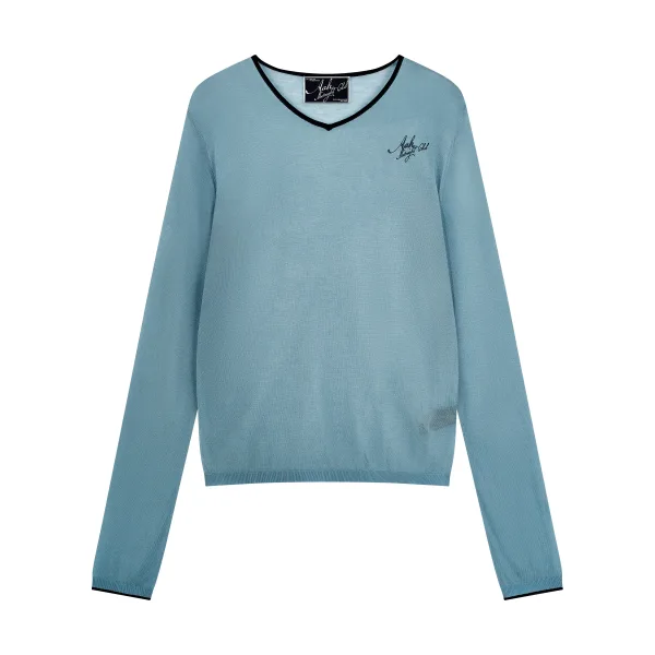Dusty Blue Sheer V-neck Knit