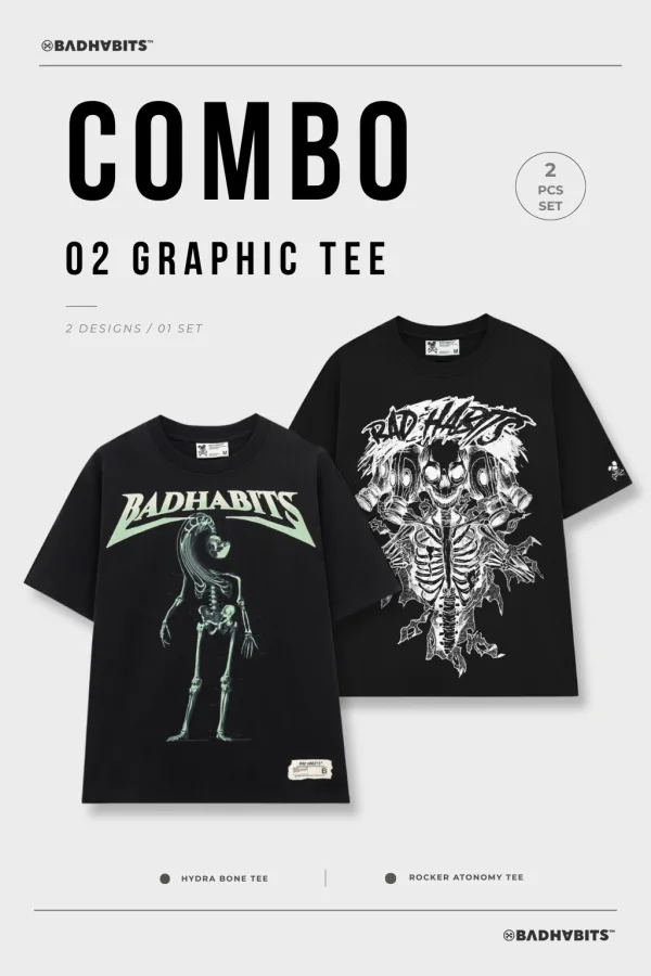 [COMBO 2 ÁO - SIZE XS] ÁO THUN HYDRA BONE TEE / BLACK ROCKER ATONOMY TEE