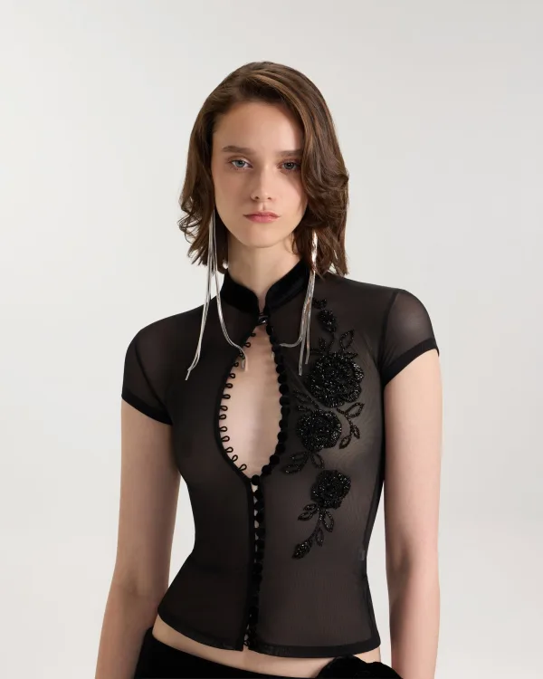Rose Path Beaded Mesh Top