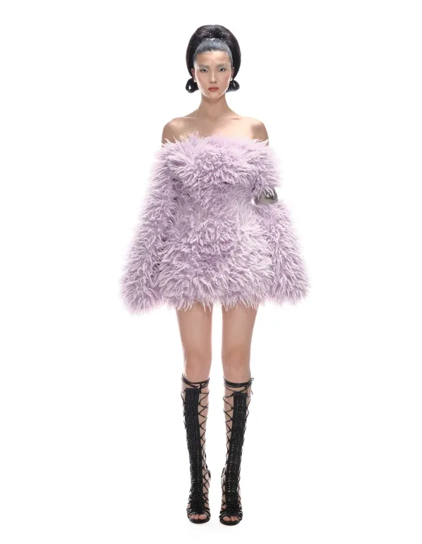 PASTEL VIOLET BARDOT FAUX FUR DRESS
