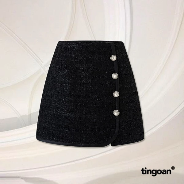 TINGOAN® - Chân váy tweed đen cạp cao vạt lệch đính cúc đá (có quần trong) PRETTY SNOW SKIRT/BL