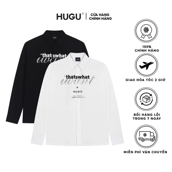 Áo sơ mi tay dài in hình logo HUGU - SATORO - Chất vải ford kate cao cấp thoáng mát - unisex