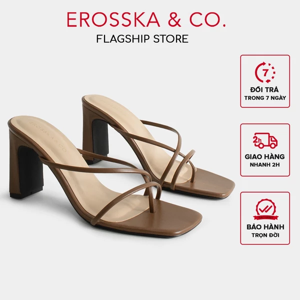 Erosska - Dép cao gót thời trang mũi vuông phối dây quai mảnh cao 8cm màu nâu - EM101