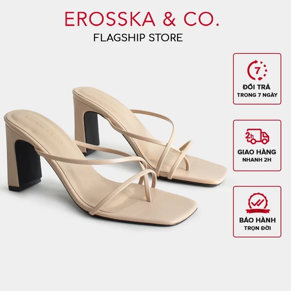 Erosska - Dép cao gót thời trang mũi vuông phối dây quai mảnh cao 8cm màu nude - EM101
