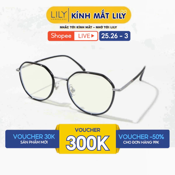 Kính gọng tròn nam nữ LILYEYEWEAR càng kính kim loại tròng chống ánh sáng xanh kiểu dáng thời trang M2300