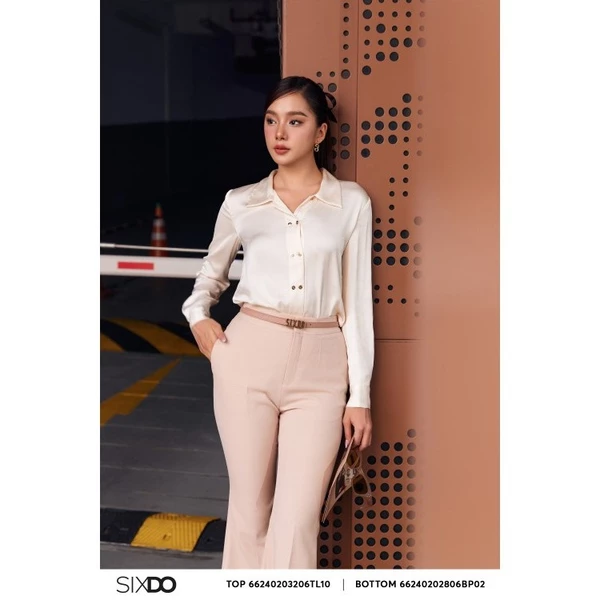 Áo sơ mi lụa phối cúc đôi SIXDO (Cream Long Sleeves Silk Shirt)