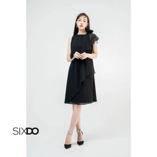 Đầm voan đen dáng suông phối hoa vai SIXDO (Black Round Neck Midi Voile Dress)