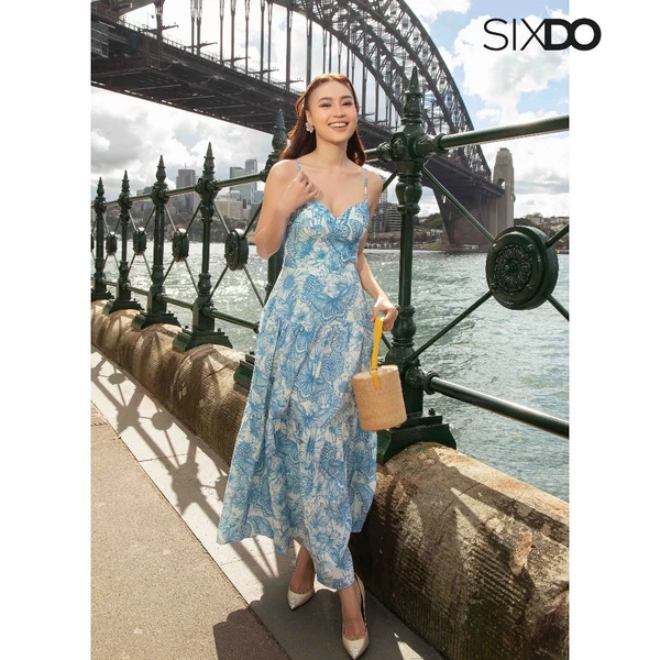 Đầm linen hai dây in hoa SIXDO (White Floral Strappy Midi Linen Dress)