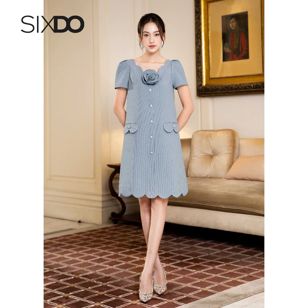 Đầm thô xanh viền sóng phối hoa SIXDO (Dark Mint Scalloped Neck Midi Raw Dress)