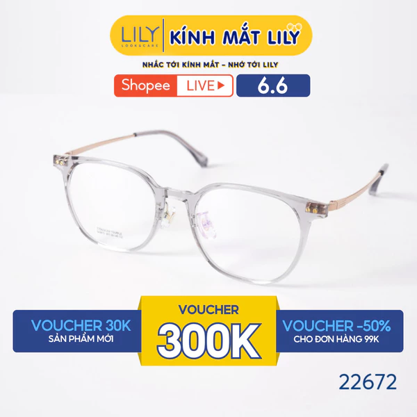 Gọng kính mắt tròn nam nữ Lilyeyewear chất liệu nhựa dẻo phối càng Titan thanh mảnh nhẹ nhàng 22672