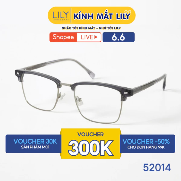 Gọng kính mắt vuông nam nữ LILYEYEWEAR chất liệu nhựa pha kim loại cao cấp chắc chắn, kiểu dáng thời trang 52014
