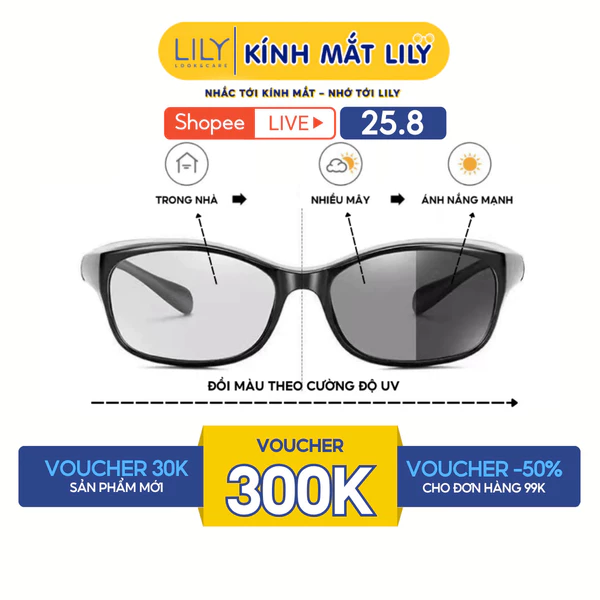 Kính chống bụi đổi màu LILYEYEWEAR chất liệu nhựa cao cấp chắc chắn, chống ASX và UV400, có thể cắt cận KC2625G