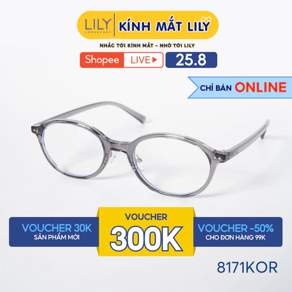 Gọng kính mắt Oval nam nữ LILYEYEWEAR chất liệu nhựa với đệm mũi silicon cao cấp kiểu dáng hiện đại thời trang 8171KOR