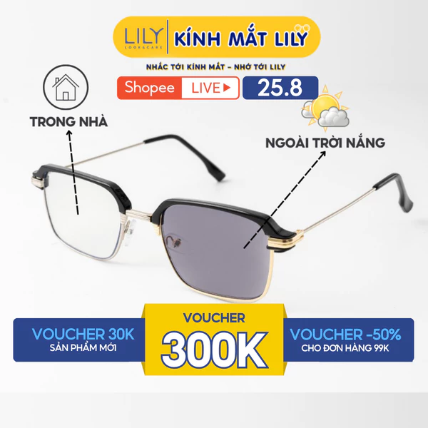 Kính mắt đổi màu thời trang nam nữ chất liệu nhựa phối kim loại cao cấp chống UV400 6030G