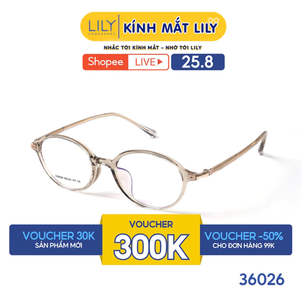 Gọng kính mắt Oval nam nữ LILYEYEWEAR chất liệu nhựa phối càng kim loại cao cấp kiểu dáng hiện đại thời trang 36026