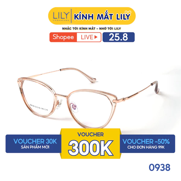 Gọng kính mắt mèo nam nữ LILYEYEWEAR chất liệu nhựa phối càng kim loại cao cấp kiểu dáng hiện đại thời trang 0938