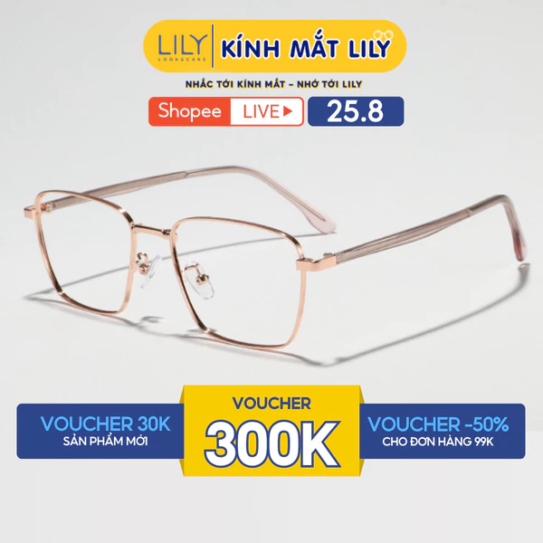 Gọng kính mắt vuông nam nữ LILYEYEWEAR chất liệu kim loại cao cấp, kiểu dáng hiện đại màu sắc thời trang 11008KOR