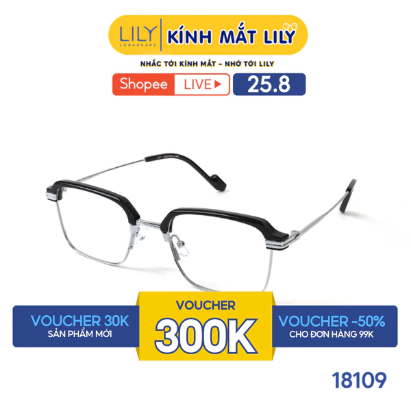 Gọng kính mắt chữ nhật nam nữ LILYEYEWEAR chất liệu nhựa phối kim loại cao cấp, kiểu dáng hiện đại thanh lịch 18109