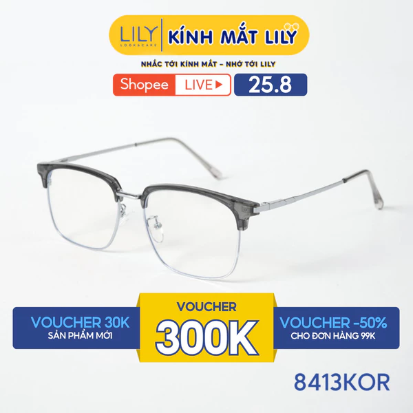 Gọng kính mắt vuông nam nữ LILYEYEWEAR chất liệu nhựa pha kim loại cao cấp chắc chắn, kiểu dáng thời trang 8413KOR