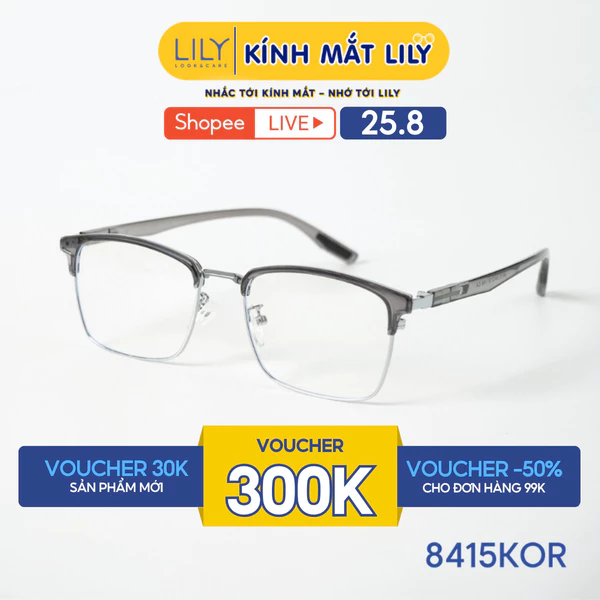 Gọng kính mắt vuông nam nữ LILYEYEWEAR chất liệu nhựa pha kim loại cao cấp chắc chắn, kiểu dáng thời trang 8415KOR