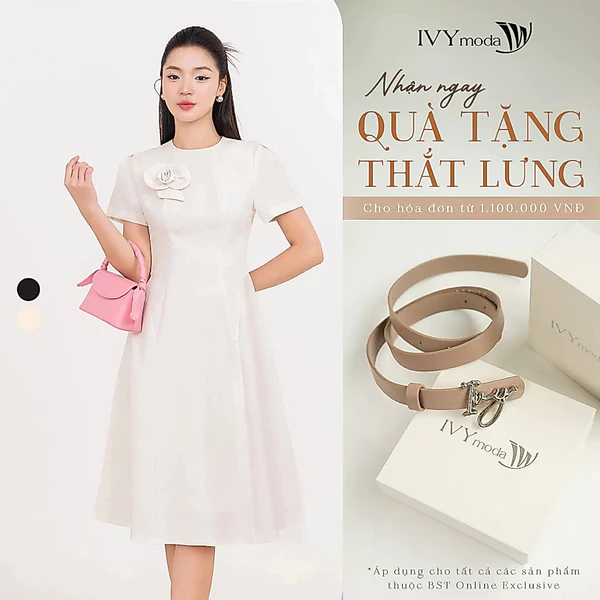 Đầm xòe chất liệu Oganza thiết kế hoa 3D, Đầm nữ công sở dự tiệc IVY moda MS 48T0245