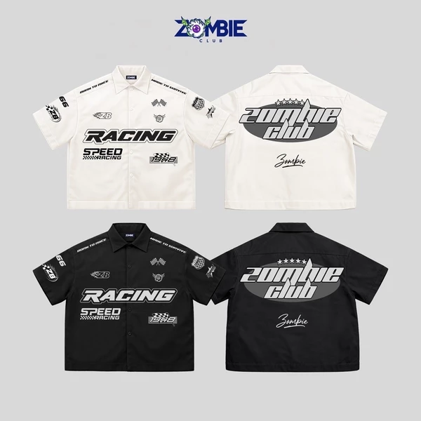 Áo sơ mi RACING, ZOMBIE.CLUB, Form boxy rộng, Thêu + in nổi, Chất kaki cotton dày
