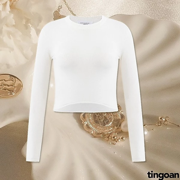 Áo len xù cổ tròn ôm đen gấu lượn viền trắng tingoan SUNDAY TOP/WH