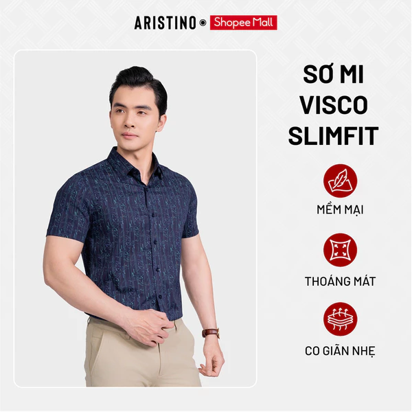 Áo Sơ Mi Nam hoạ tiết đan lát Aristino tay ngắn dáng Slim Fit visco by bamboo thoáng mát ASS094AS4