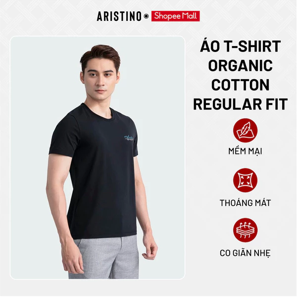 ARISTINO Áo Thun Nam Cổ Tròn Ngắn Tay Cotton Organic Regular Fit ATS022S3 97% Cotton Mềm Mại Thoáng Mát Thấm Hút