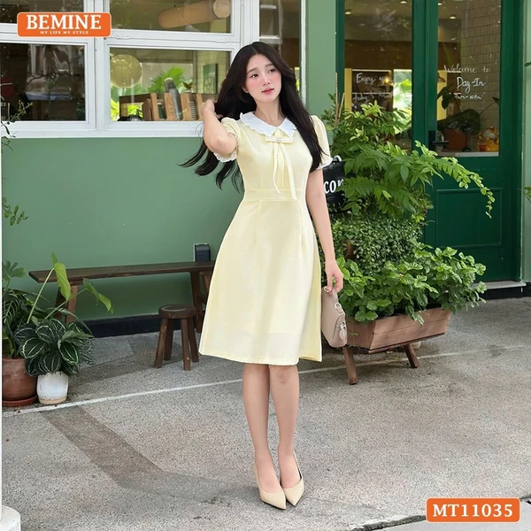 Đầm thiết kế BEMINE cổ tim viền bèo đính nơ dáng chữ A phù hợp đi làm-MT11035