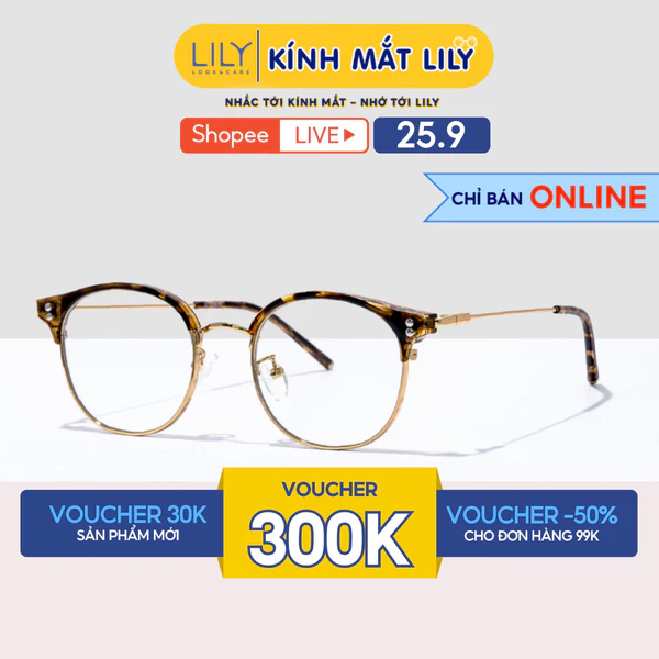 Gọng kính mắt tròn nam nữ LILYEYEWEAR kính nửa viền nhựa pha kim loại chắc chắn dễ đeo phong cách Hàn Quốc 220010