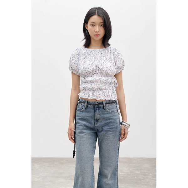 LIBÉ WORKSHOP - Áo tay phồng thân nhún smocking cột nơ eo chấm bi nhiều màu 7356
