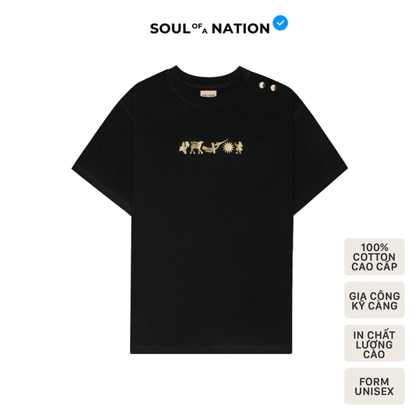 Áo thun unisex họa tiết in nhũ TRỐNG ĐỒNG ĐÔNG SƠN, PHỐI NÚT KIM LOẠI form basic 100% cotton cao cấp SOUL OF A NATION