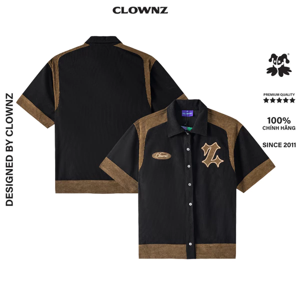 Áo sơ mi ngắn tay local brand Clownz Z-letter Corduroy thêu chữ, màu nâu đen, vải nhung tăm mỏng nhẹ