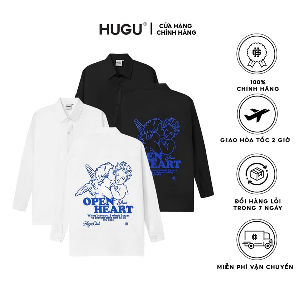 Áo sơ mi tay dài in hình thiên thần HUGU - OPEN YOUR HEART - Chất vải ford kate cao cấp thoáng mát - unisex