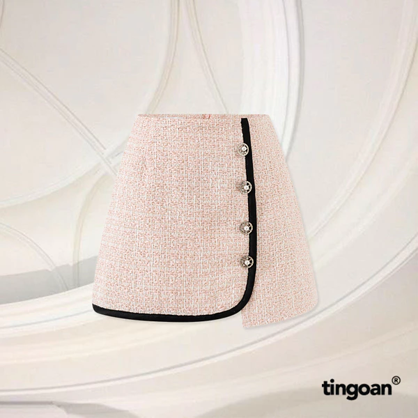 TINGOAN® - Chân váy tweed hồng cạp cao vạt lệch đính cúc đá trắng (có quần trong) PRETTY SNOW SKIRT/PK