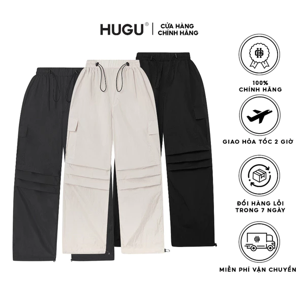 Quần dài màu đen, be, grey form ống rộng, OILSKIN HUGU - chất liệu dù thoáng mát unisex