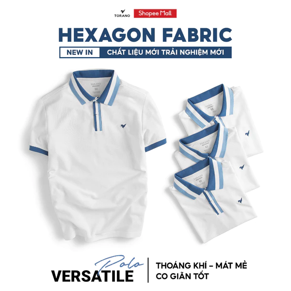 Áo polo nam TORANO ngắn tay, thoáng khí, trơn bo kẻ bo kẻ, cổ dệt, logo khuôn ESTP024