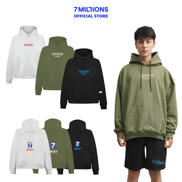 Áo Khoác Hoodie Embroided Logo Vải Nỉ Da Cá Oversized 7MILLIONS (Đen & Xám & Xanh Rêu)