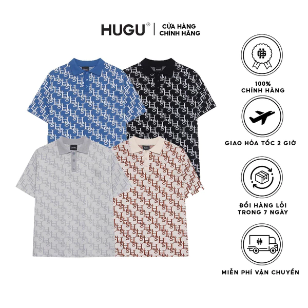 Áo thun polo dệt kim, họa tiết monogram màu xám, đen,.. form boxy unisex họa tiết local brand HUGU - MONOGRAM POLO SS2