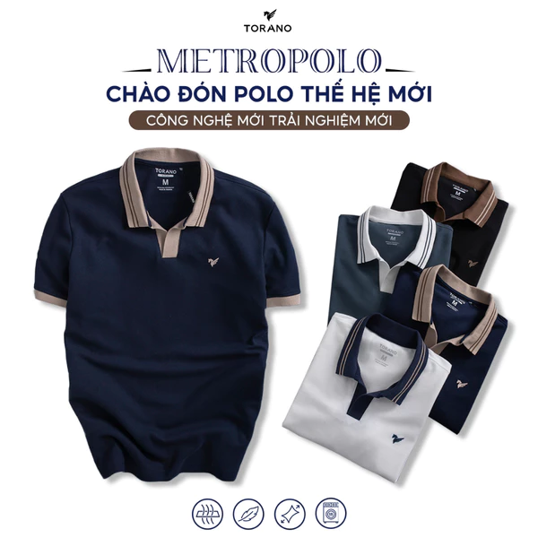 Áo polo nam TORANO ngắn tay, thoáng khí, trơn bo kẻ cổ V, in logo ngực ESTP028