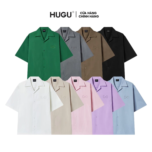 Áo sơ mi kaki Hàn màu đen, trắng, form regular thêu logo basic unisex local brand HUGU - HUGU BASIC SHIRT - SS2