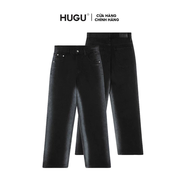 Quần jeans dài unisex màu đen local brand HUGU - SIDE LINE WASH - chất liệu denim, form rộng, tag da, wash nhẹ ở giữa