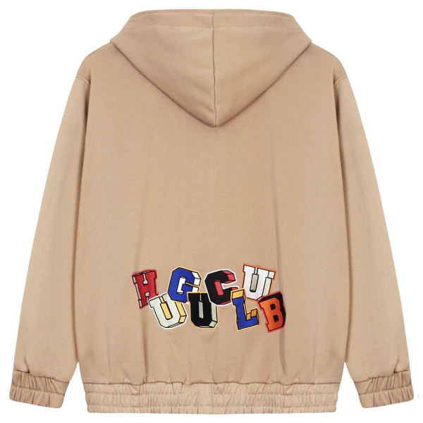 Áo khoác hoodie màu Dark Beige thêu chữ HUGU CLUB - HUGUCLUB EMBROIDER HOODIE - Unisex, chất liệu nỉ bông