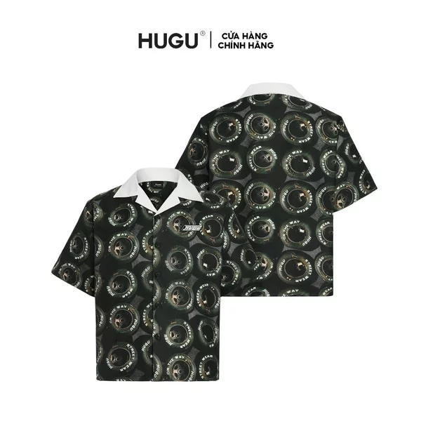 Áo sơ mi unisex local brand HUGU - ON THE WAY - vải lụa, form regular, in chuyển nhiệt, tag in cao thành HUGU phía trước