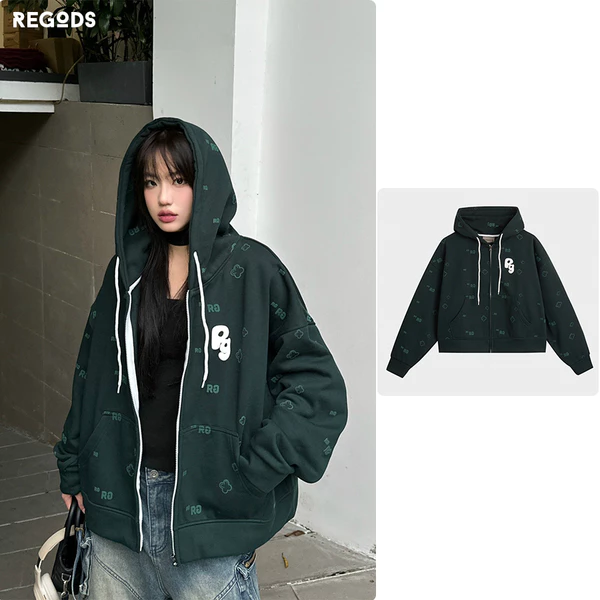 Áo khoác HoodieZip dây kéo nỉ lót bông in nổi thêu REGODS form rộng unisex nam nữ nỉ bông 370gsm - Hoodiezip Embossed