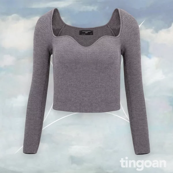 TINGOAN® - Áo len xù dài tay cổ lượn viền xám đậm TIFFANY TOP/GR