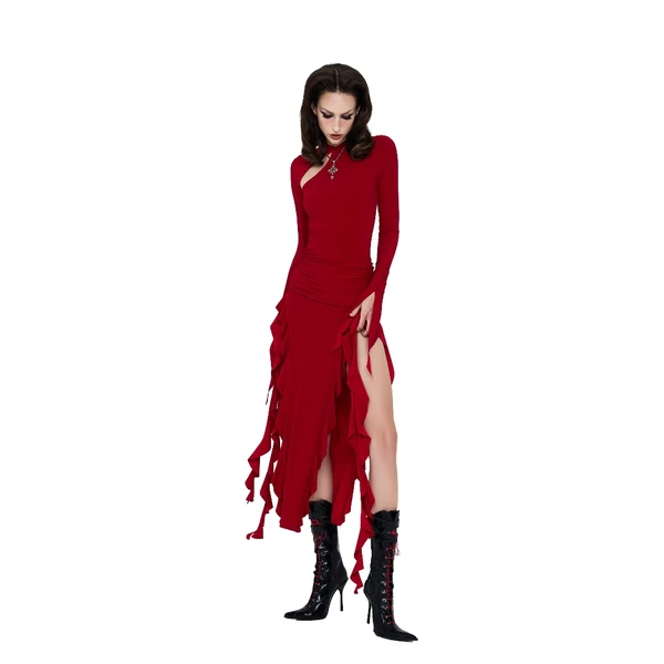LSOUL Đầm Xẻ Vai Tua Rua Màu Đỏ Sang Trọng Đi Tiệc Flemish Dress - V23121594