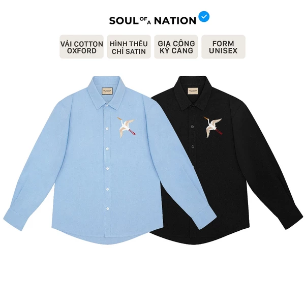 Áo SƠ MI Thêu Chim Hạc unisex CAO CẤP form basic, dễ thương, tinh tế SOUL OF A NTION - Đen/ Hồng/ Xanh dương